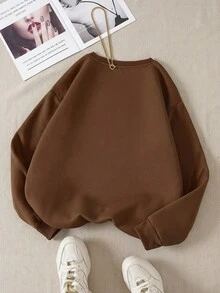 INAWLY 大码女式雏菊印花圆领卫衣，长袖休闲百搭套头衫，适合户外、运动、聚会、日常穿着，秋冬季穿着 - 咖啡棕 - 查看 2