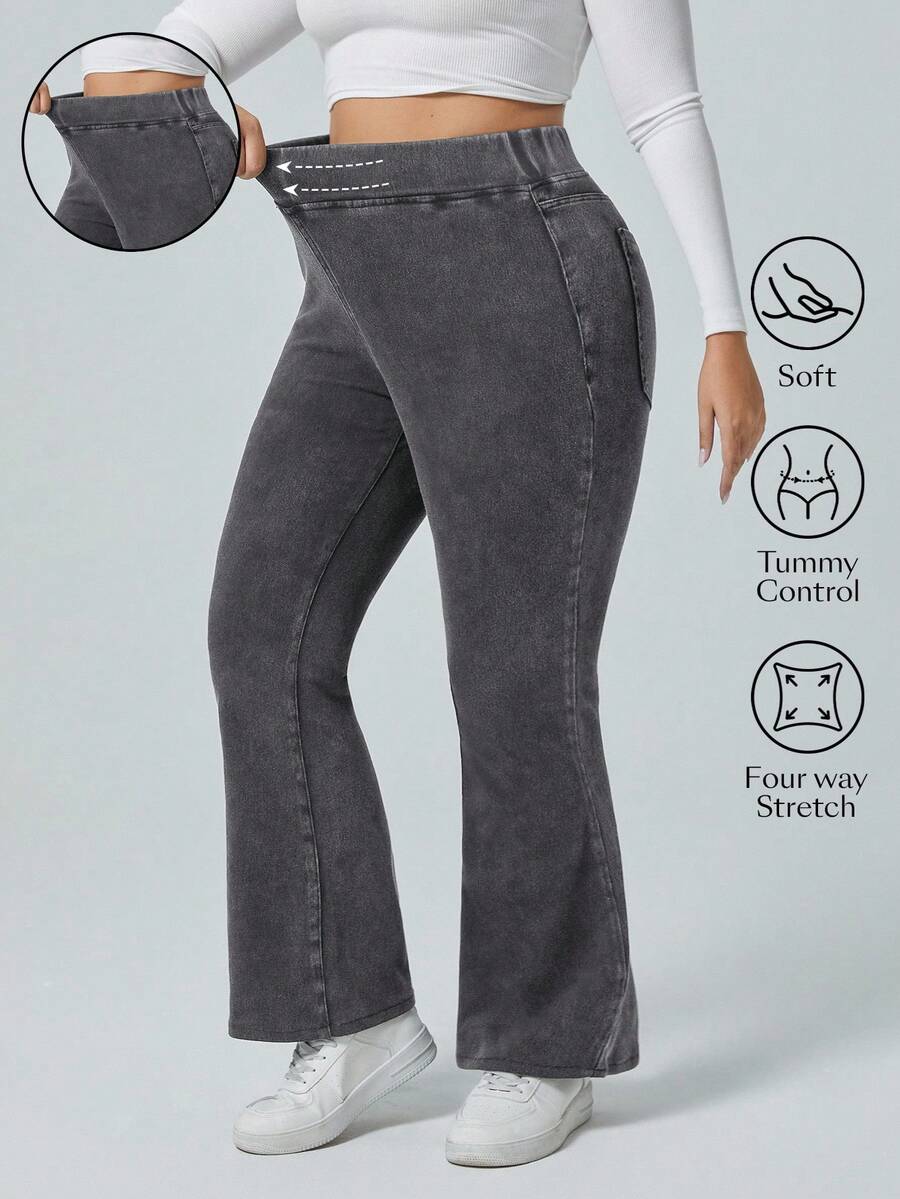 Flexra Quần jean ống rộng ống loe cạp chun co giãn màu trơn cỡ lớn - Xám - Xem 1
