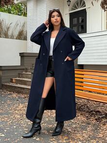 SHEIN EZwear 藏蓝色加大码宽松长款外套，秋冬款 - 藏蓝色 - 查看 1