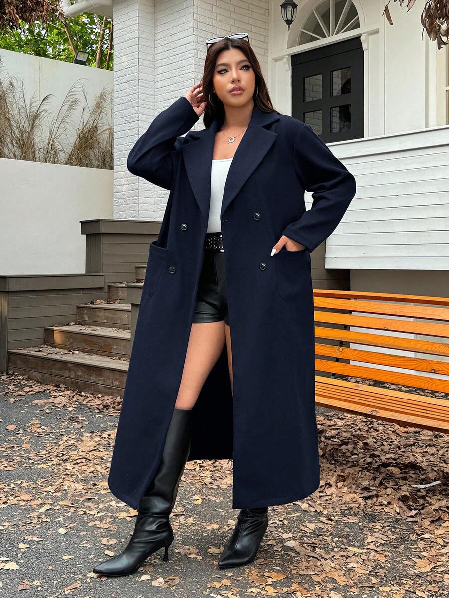 SHEIN EZwear 藏蓝色加大码宽松长款外套,秋冬款 - 藏蓝色 - 查看 1