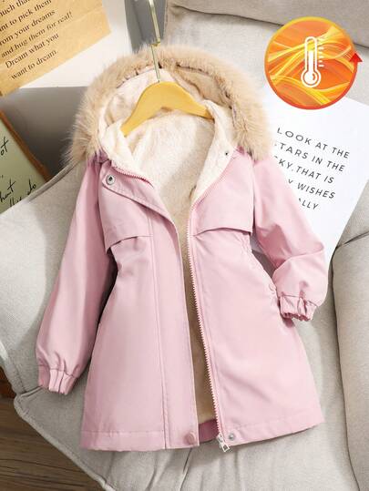 Sparklyn 女童时尚加厚保暖内衬优雅简约仿毛领长款户外派对外套，卡其色