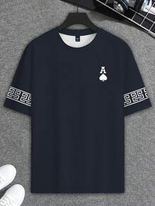 Manfinity Roughcore 加大码男士时尚黑桃A字母印花短袖T恤，休闲百搭，简约百搭，送给男友或家人的绝佳礼物 - 彩色 - 查看 3
