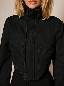 COSMINA Denim 女士纯色高领落肩长袖时尚百搭牛仔外套 - 黑色 - 查看 7