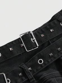 ROMWE Grunge Punk Plus Size Kpop Punk Rock Sexy Cute Versatile Washed Pleated Denim Mini Skirt For Women - Black - View 3