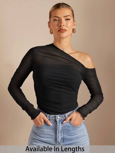 SHEIN PETITE CURVE Camiseta ajustada de mujer talla grande con hombros asimétricos, drapeado y transparencia