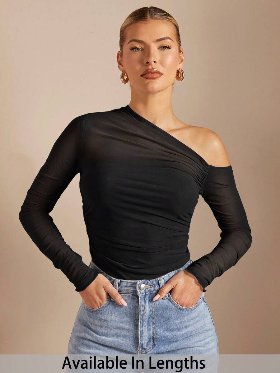 SHEIN PETITE CURVE 大码女式不对称肩部褶皱透视抹胸紧身T恤 - 黑色 - 查看 1