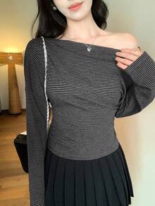 DAZY 女士条纹不对称肩部长袖休闲时尚T恤 Y2k