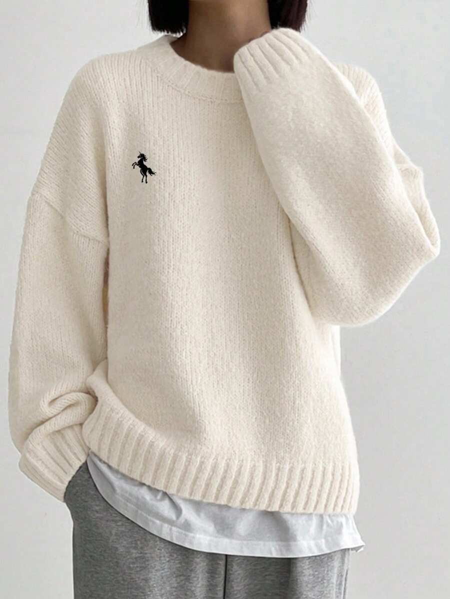 DAZY Casual Solid Color Dropped Shoulder Loose Knit Sweater, Autumn/Winter - White - View 1