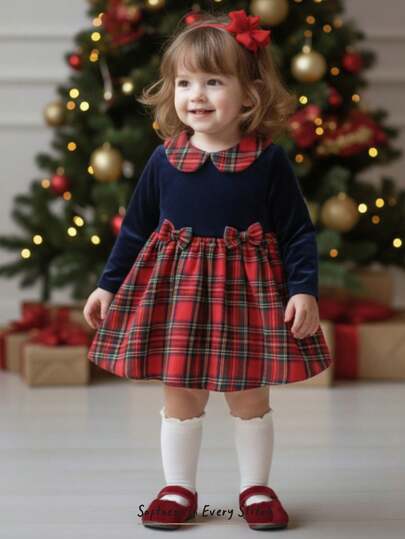 Cozy Pixies Sukienka dla dziewczynki w kratę z blokami kolorów, z kołnierzykiem Piotruś Pan i długim rękawem, z marszczeniami w talii, idealna na Nowy Rok i Boże Narodzenie