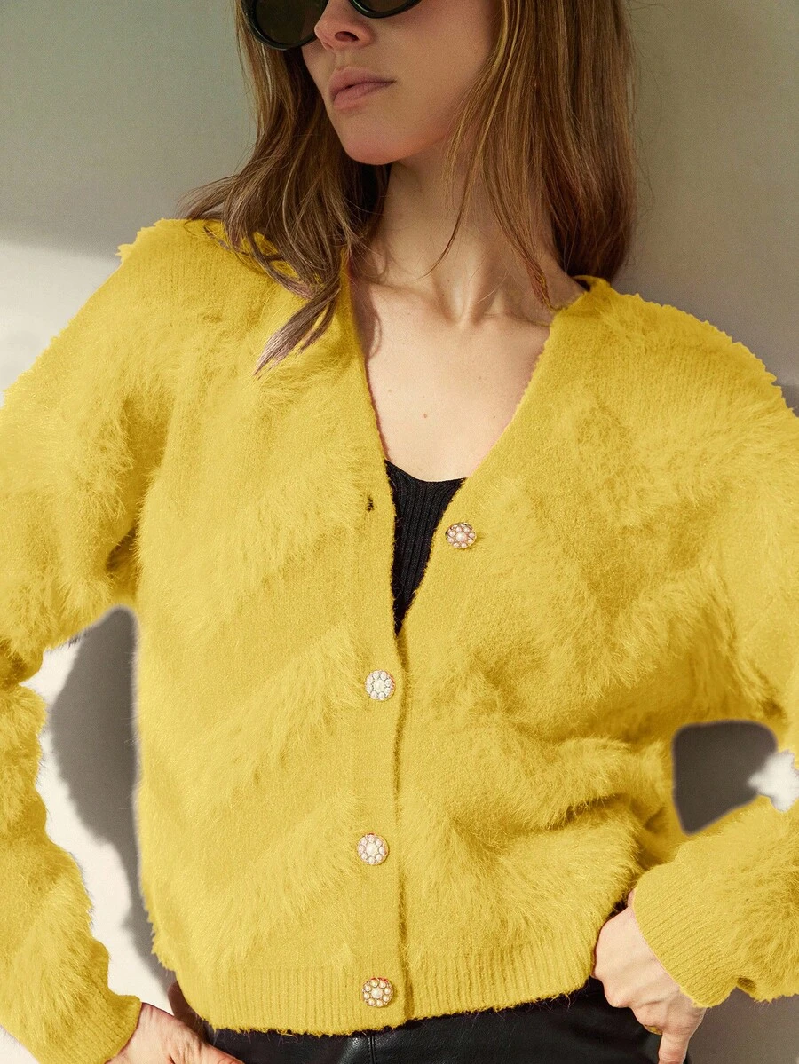 EMERY ROSE French Luxury Slouchy Fluffy V-Neck Cardigan Sweater Oversized Sweater - Yellow - View 1