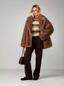 MISSGUIDED Luxurious Faux Fur Coat Winter Outerwear Open Front Plush Long Sleeve Oversized Brown Teddy Jacket - Brown - View 4