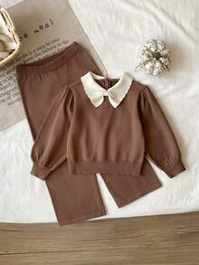 SHEIN 女童撞色领毛衣和针织裤套装 - 卡其色 - 查看 1