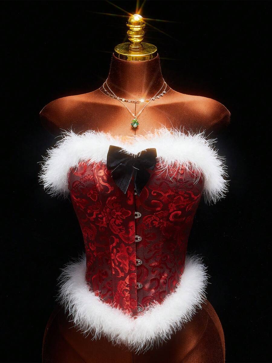 Amplova Women's Christmas Jacquard Top, Sexy & Avant-Garde, Waist Cinching, Suitable For Christmas Party, Autumn/Winter,Red Tops For Women,Christmas - Red and Black - View 1