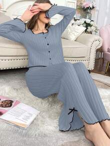 Women's Casual Fleece Long Sleeve Top And Pants Lounge Set, Autumn/Winter, Cozy - Blue - View 5