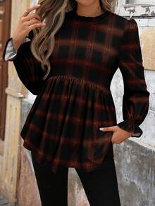 SHEIN LUNE Women's Casual Autumn/Winter Christmas Plaid Colorblock Print Basic Shirt, Suitable For Work Commute And Chic Outings New Year Party Plaid Top,Casual - Multicolor - View 4