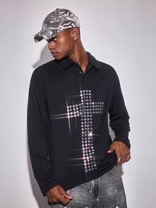 ROMWE MEN Goth Men's Cross Pattern Long Sleeve Casual Polo Shirt - Black - View 7