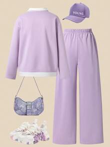 SHEIN Explorewe 两件套少女时尚休闲长袖V领字母印花卫衣搭配宽松侧袋运动裤，适合圣诞节、万圣节、秋冬季穿着。 - 紫色 - 查看 2