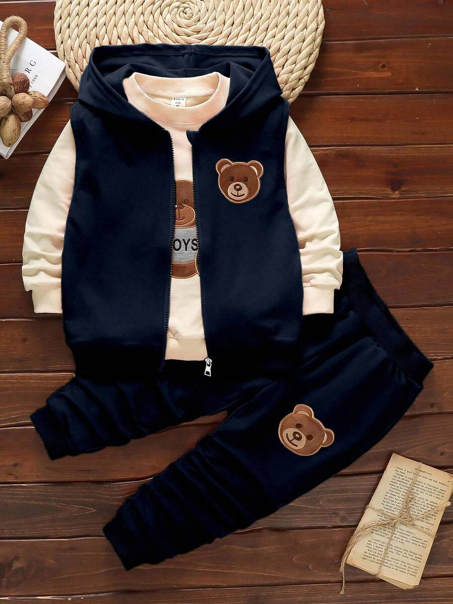 SHEIN Set de 3 piezas de sudadera con capucha informal con oso para niños pequeños, otoño
