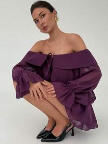 Aloruh Women's Solid Color Front Tie Off Shoulder Long Sleeve Ruffle Hem Fashionable Mini Dress - Purple - View 4