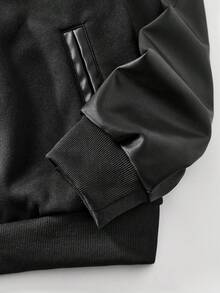 ROMWE MEN Street Life Men's PU Leather Patchwork Long Sleeve Single-Breasted Casual Baseball Jacket - Multicolor - View 4