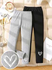 SHEIN Tween Girls Black And Grey Heart Printed High Waist Elastic Compression Fleece Leggings 2pieces Set, Slim Fit Yoga Pants, Autumn Winter Daily Wear - Black - View 8