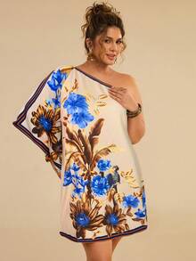 Travachic Váy ngắn mùa hè họa tiết hoa vai bất đối xứng cỡ lớn dành cho nữ - Nhiều màu - Xem 4