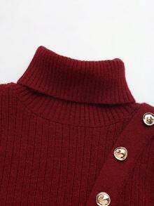 SHEIN LUNE Women's Elegant Solid Color High Neck Ruffle Hem Metal Button Decoration Sweater, Autumn/Winter - Burgundy - View 4
