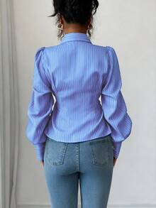 Elenzga 女士优雅条纹修身衬衫，时尚秋季开学装 - 藍色 - 查看 2
