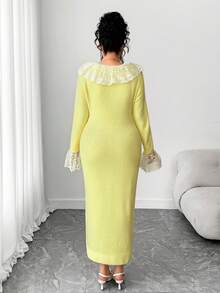 Elenzga Women's Elegant Lace Trim Long Sleeve Loose Fit Flattering Plus Size Sweater Dress, Outerwear, Women's Winter Dress - Yellow - View 2