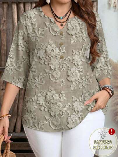 EMERY ROSE Elegant Romantic Embroidery-Like Texture Print Casual Loose Fit Plus Size Shirt, Suitable For Spring & Autumn,Flower/Summer/Vacation