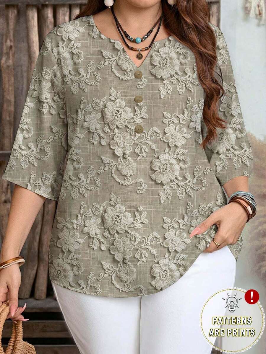 EMERY ROSE Elegant Romantic Embroidery-Like Texture Print Casual Loose Fit Plus Size Shirt, Suitable For Spring & Autumn,Flower/Summer/Vacation - Multicolor - View 1
