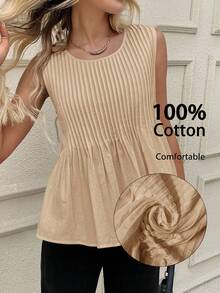 SHEIN LUNE 女士休闲褶皱无袖白色纯棉衬衫 纯棉上衣 夏季上衣 100%纯棉上衣 无袖纯棉上衣 女士纯棉衬衫 女士纯棉衬衫，休闲 - 卡其色 - 查看 8