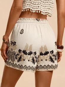 Travachic Women's White Summer Boho Beach Holiday Shorts,Casual Drawstring Waist Loose Embroidered Cashew Design,Floral Shorts For Vacation,Spring Break,Party - Khaki - View 2