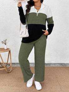 EMERY ROSE Plus Size Collared Zip Decor Soft Knit Long Sleeve Ribbed Colorblock T-Shirt And Soft Ribbed Pants Casual 2-Piece Outfit - Multicolor - View 1