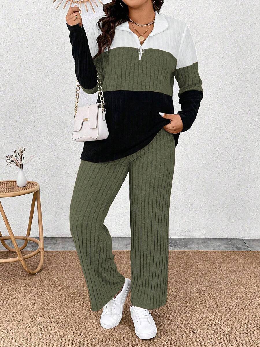 EMERY ROSE Plus Size Collared Zip Decor Soft Knit Long Sleeve Ribbed Colorblock T-Shirt And Soft Ribbed Pants Casual 2-Piece Outfit - Multicolor - View 1