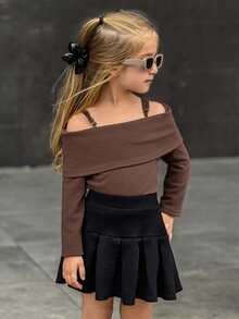 DAZY 女童露肩针织长袖T恤，秋季服装 - 棕色 - 查看 6