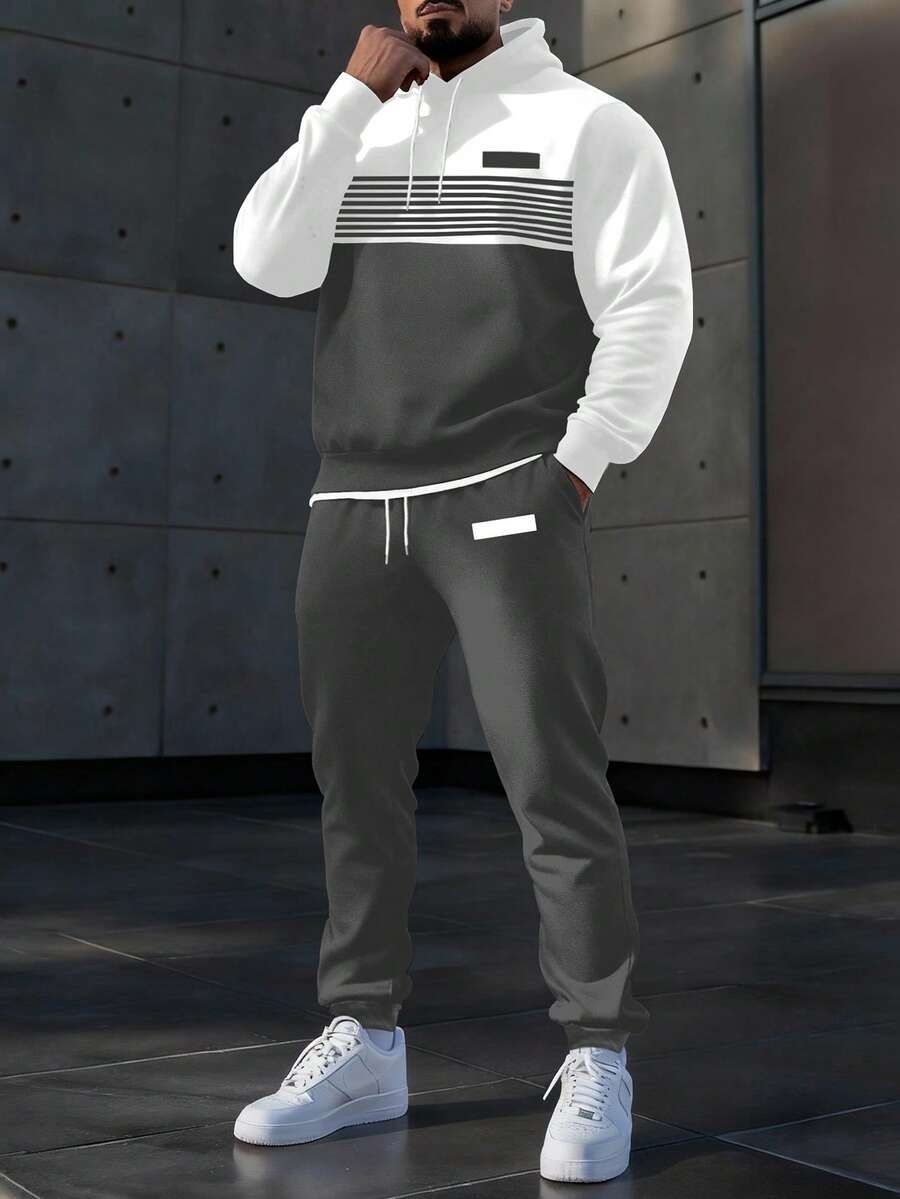 Manfinity Homme Men's Casual Contrast Color Patchwork Hoodie And Sweatpants Set, Autumn/Winter - Multicolor - View 1