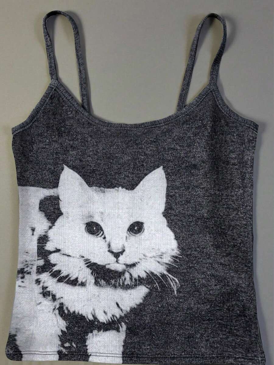 INAWLY 女士夏季休闲猫咪印花吊带背心 - 彩色 - 查看 1