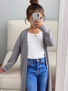 SHEIN Young Girl Solid Color Casual Long Cardigan Sweater - Grey - View 9