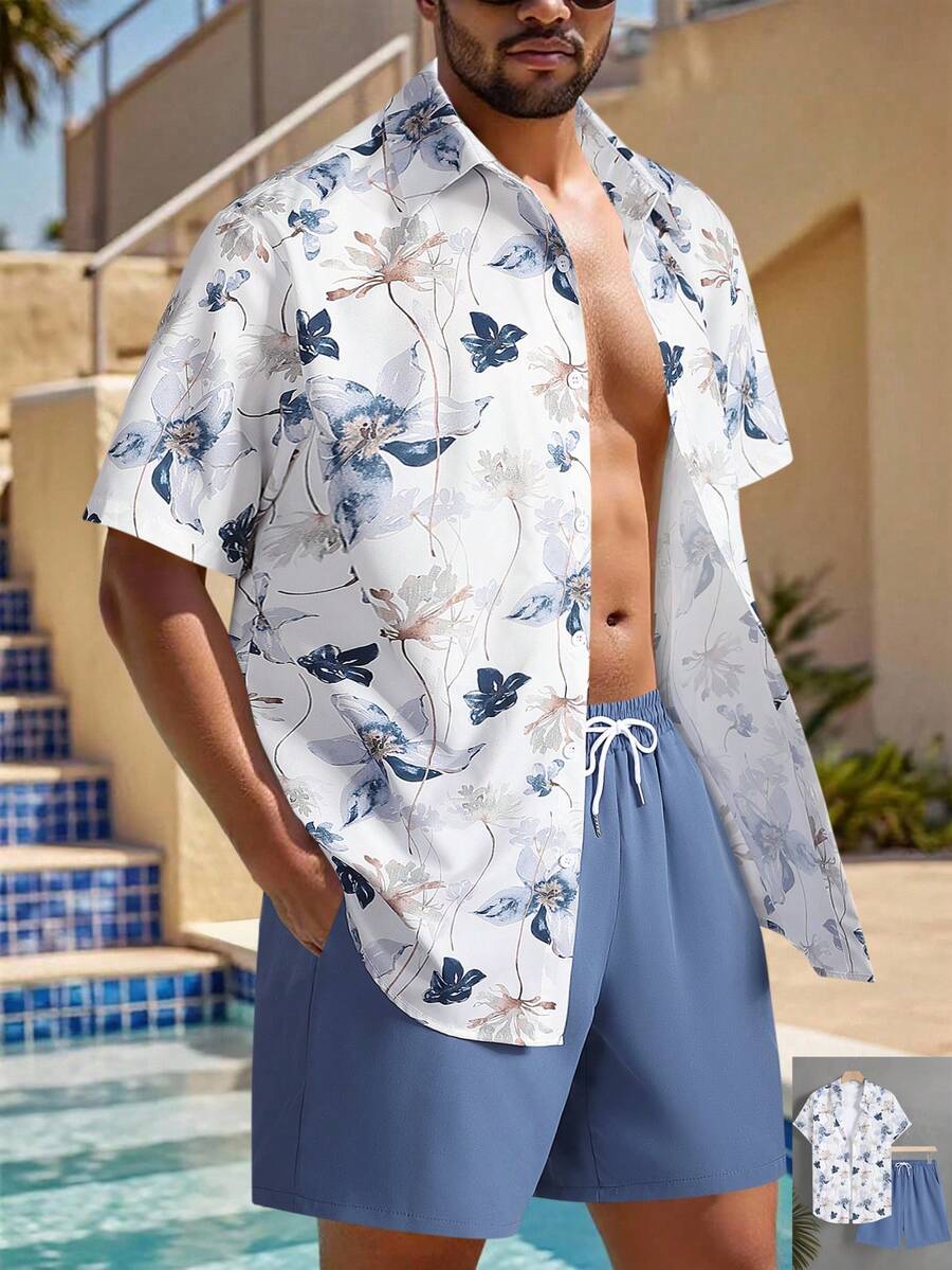 Manfinity Swimmode 男士印花短袖衬衫和抽绳短裤沙滩套装 - 彩色 - 查看 1