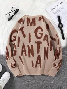 Manfinity Roghcode Áo khoác cardigan dệt kim dài tay, cài khuy đơn họa tiết chữ dành cho nam, mùa thu/đông - Màu Khaki - Xem 2