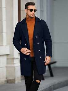 Manfinity Mode 男士纯色口袋纽扣长袖大衣，秋季男士长款藏蓝色大衣，优雅男士款 - 藏蓝色 - 查看 7