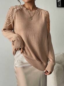 SHEIN Clasi Áo len nữ có trang trí ren, cổ tròn, tiệc tùng, lễ hội âm nhạc, đồ mặc nhà, sự kiện trở lại trường, quà tặng và mua sắm. phong cách cung điện, áo nữ gợi cảm, váy nữ mùa đông, váy nữ thanh lịch, sang trọng, áo len mùa thu - Màu Khaki - Xem 6