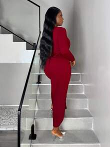 Xyvia Solid Split Hem Tee Dress Maxi Women Outfit - Burgundy - View 2