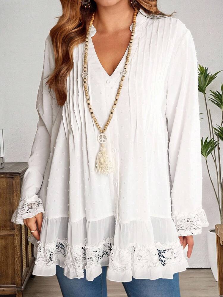 Plus Size Women Fall/Winter Country Casual Vacation All White Lace Patchwork Ruffle Hem Long Blouse Top, Autumn/Winter,Going Out,2025 New,Simple And Fashionable For Everyday Wear, Winter, Christmas,New Year,Winter,Thanksgiving