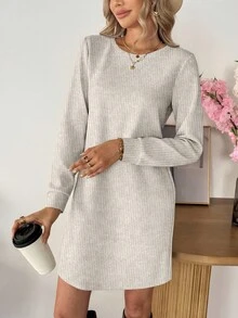 Easowa Women's Casual Ribbed Long Sleeve Short Dress, Basic Outfit For Autumn/Winter Daily Wear Long Sleeve Dress - Apricot - View 6