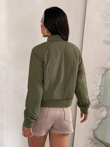 Gameset SHEIN Sport Women's Casual Everyday Commute Simple Solid Color Zip-Up Sports Padded Coat, Autumn/Winter - Army Green - View 2