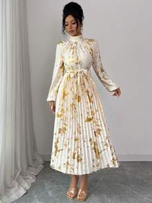 SHEIN Raffinéa Rafferiza Fashionable Elegant Champagne Gold Metallic Pleated Women Dress - Apricot - View 3