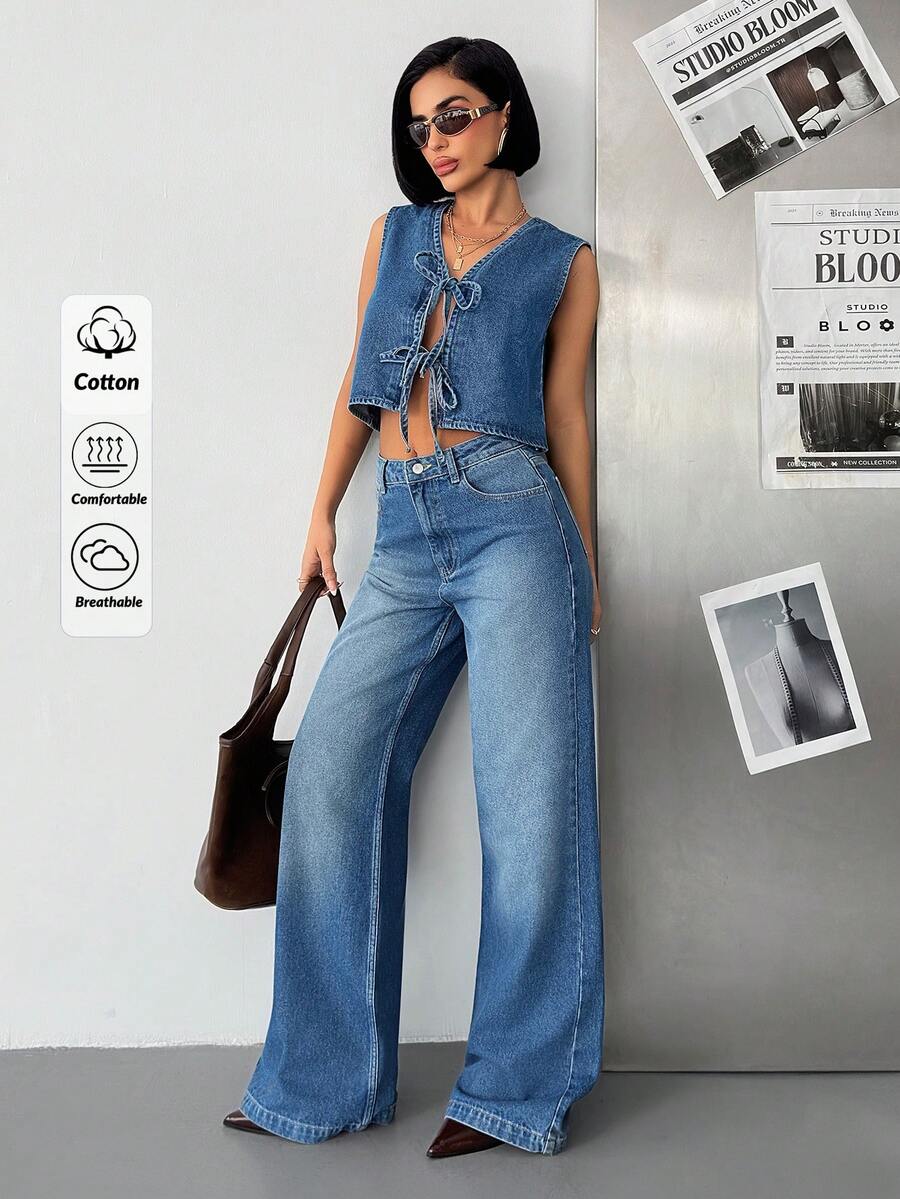 SHEIN Women Denim Tie-Front Vest And Jeans Two Pieces Outfits - Medium Wash - View 1