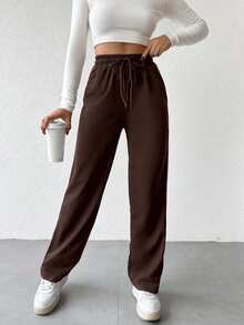SHEIN Women's Drawstring Waist Casual Everyday Wear Sweatpants - Brown - View 4
